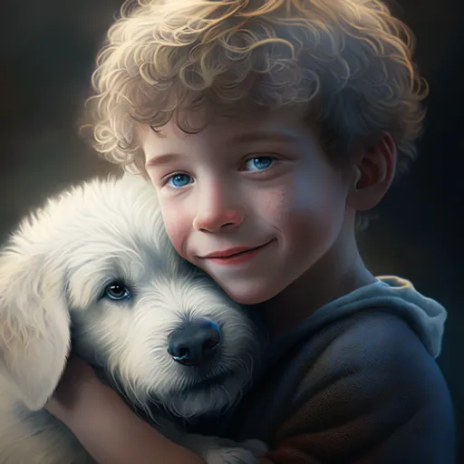 a painting of a boy holding a dog