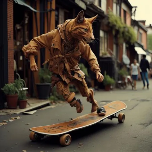 a cat is riding a skateboard down the street