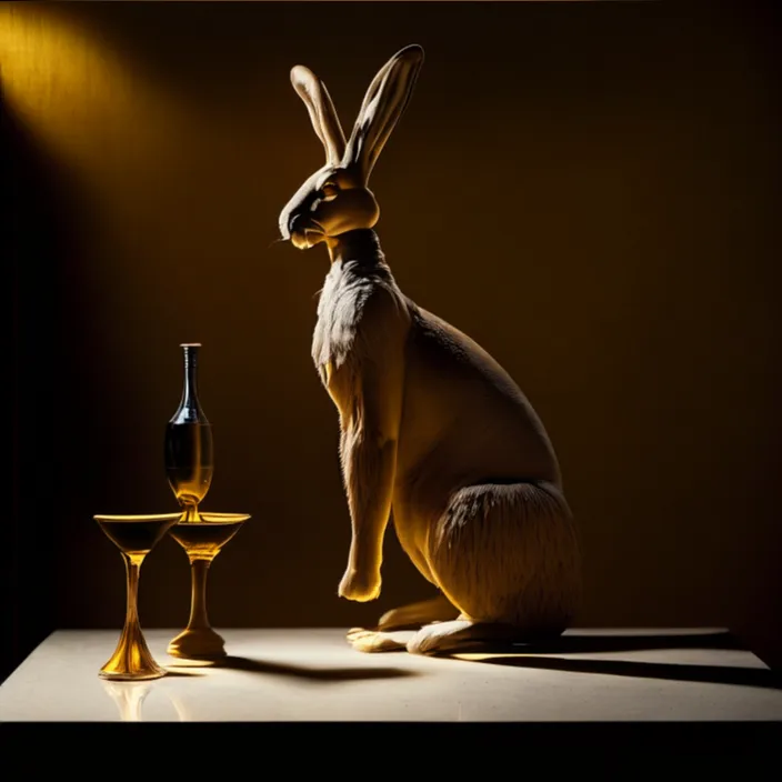 a statue of a rabbit sitting next to a wine glass