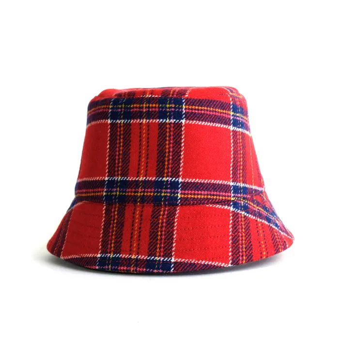 a red plaid bucket hat on a white background