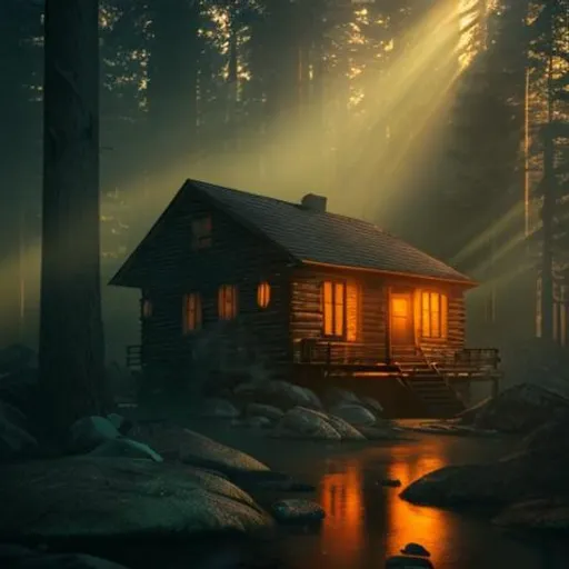 a cabin in the woods with the sun shining through the trees