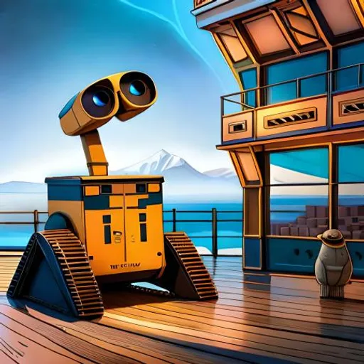 a yellow and black robot sitting on top of a wooden floor