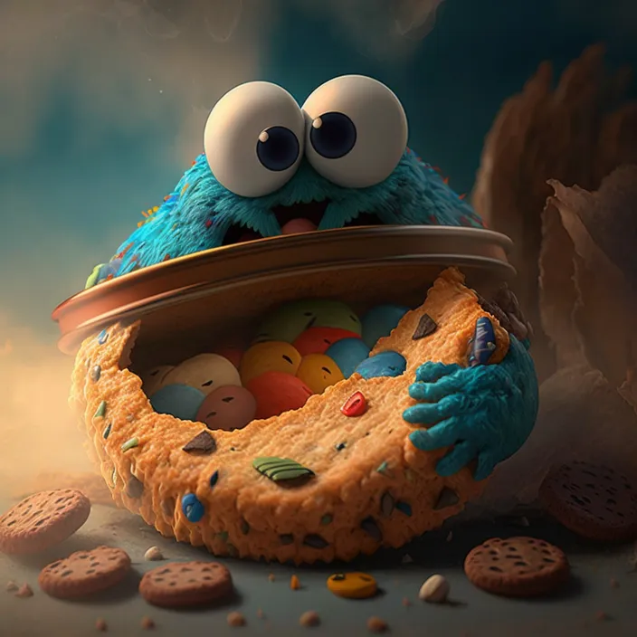 a cookie monster with eyes and a plate of cookies