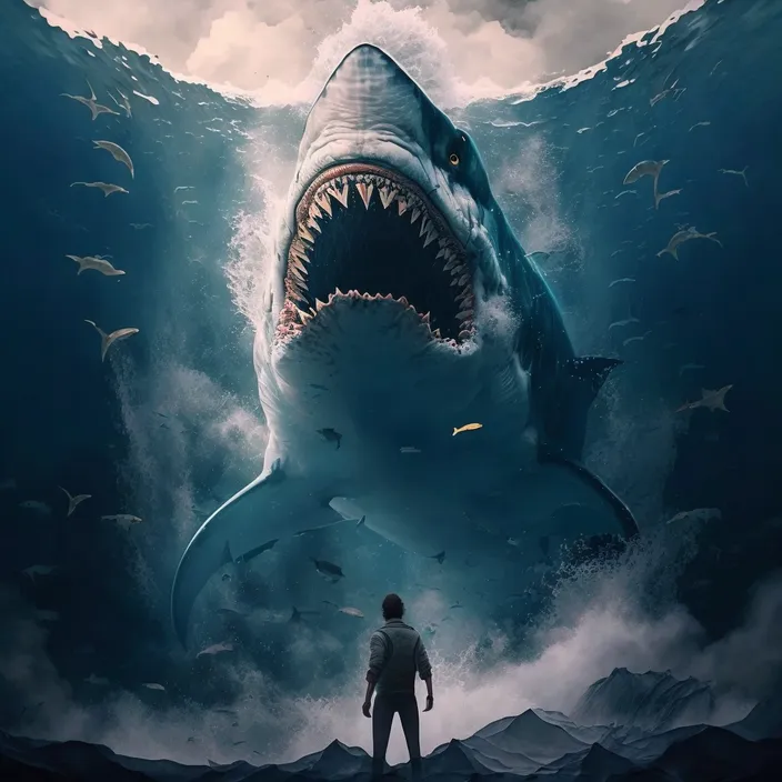 a man standing in front of a giant shark