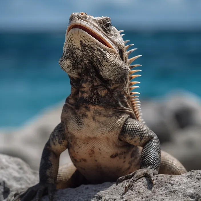 a close up of a lizard on a rock near the ocean