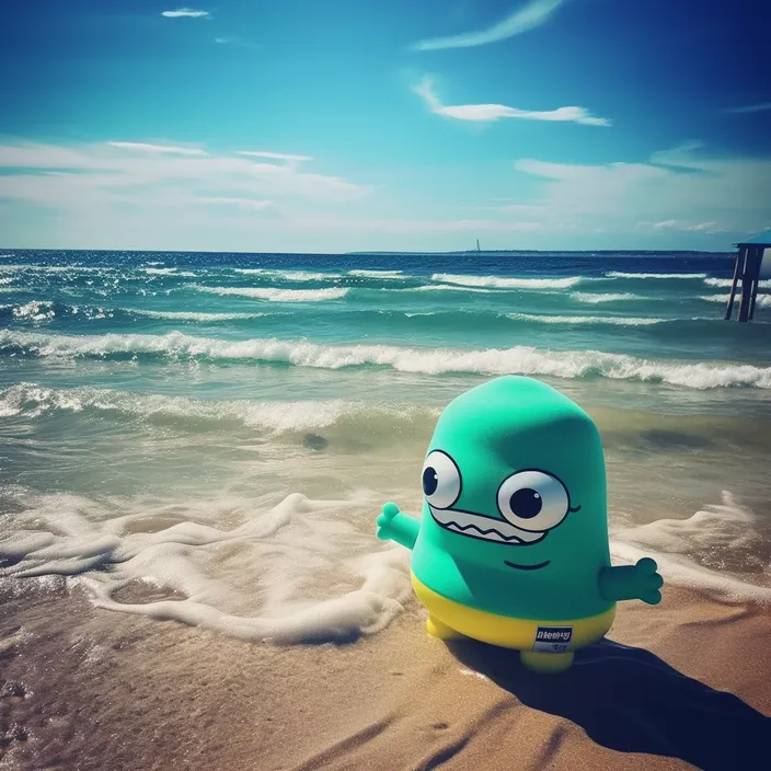 a green toy sitting on top of a sandy beach