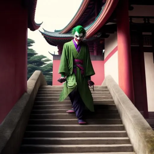 a man dressed in a green costume walking down some stairs