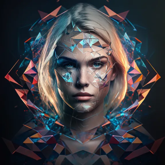 a woman's face with geometric shapes around her