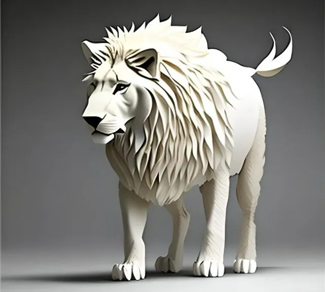 a paper sculpture of a white lion on a gray background