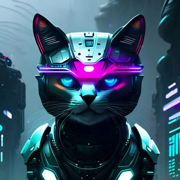 a cat with glowing eyes and a futuristic suit