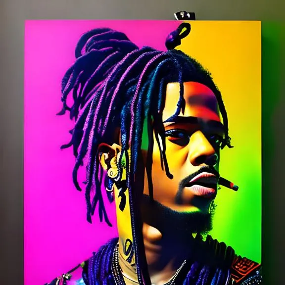 a painting of a man with dreadlocks and a cigarette