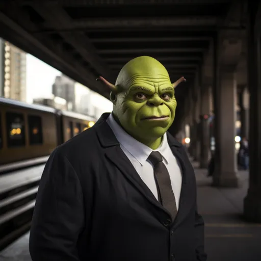 a man in a suit and tie with a green mask