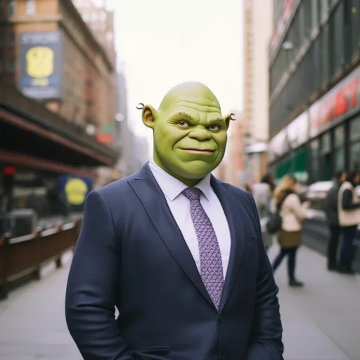 a man in a suit and tie with a green mask