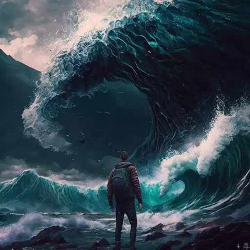 a man standing in front of a huge wave