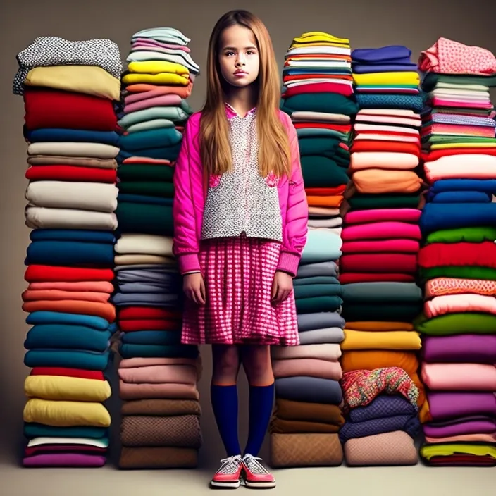 a young girl standing in front of a pile of clothes