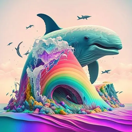 a painting of a dolphin and a rainbow wave