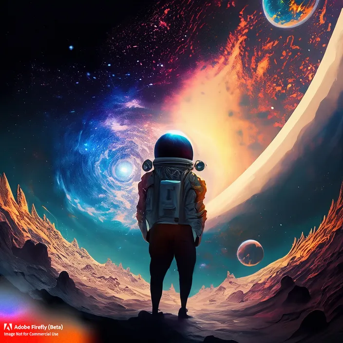 a man in a space suit looking at planets