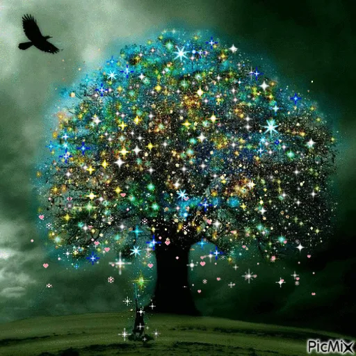 a painting of a tree with stars on it