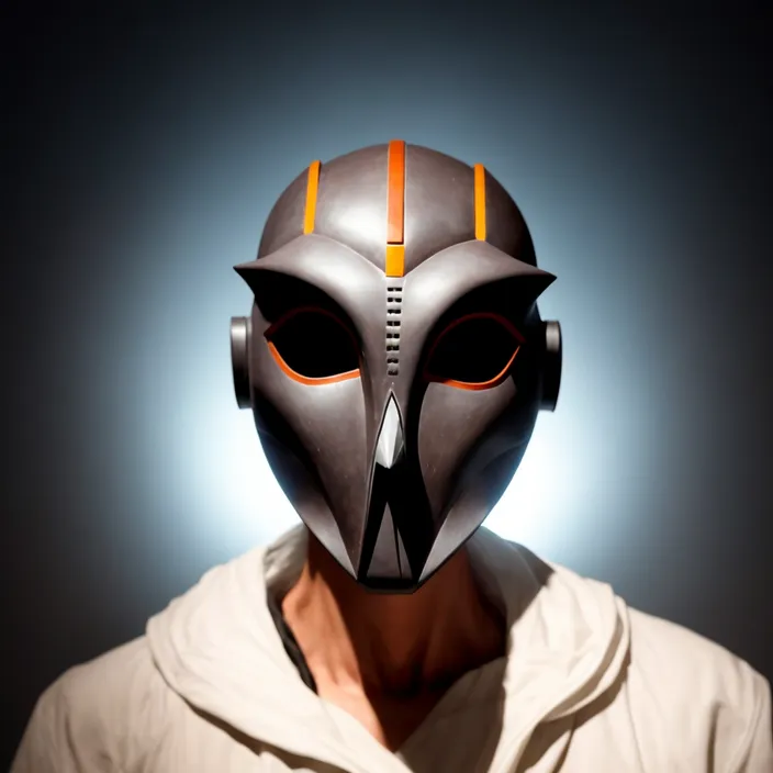 a man wearing a mask with an orange stripe on it