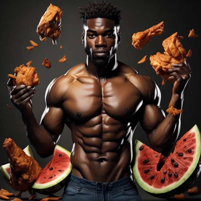 a man holding a slice of watermelon and chicken wings