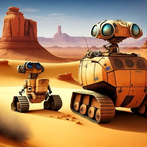 a couple of robots that are standing in the sand