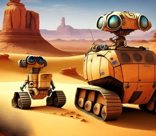 a couple of robots that are standing in the sand