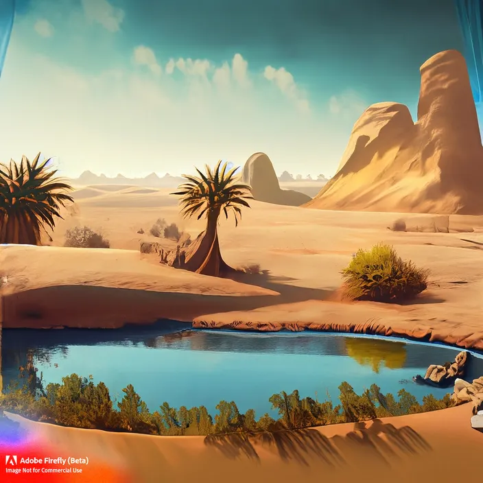 a painting of a desert scene with a pond and palm trees