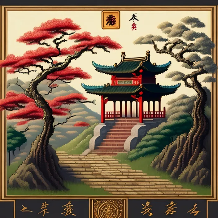 a painting of a pagoda with steps leading up to it