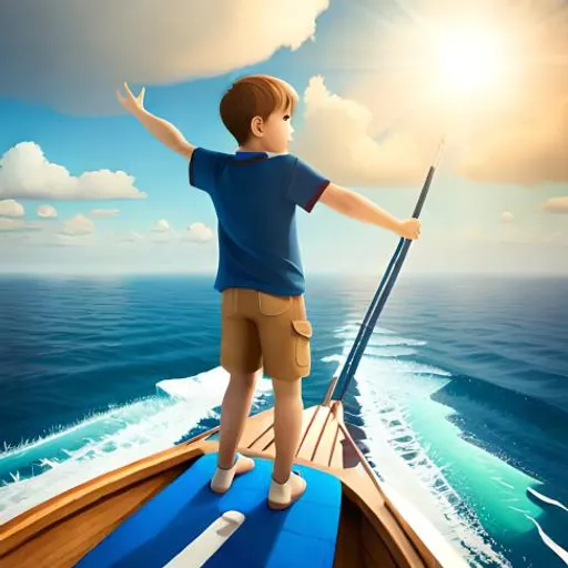 a boy standing on a boat in the ocean