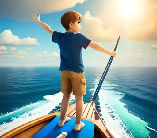 a boy standing on a boat in the ocean