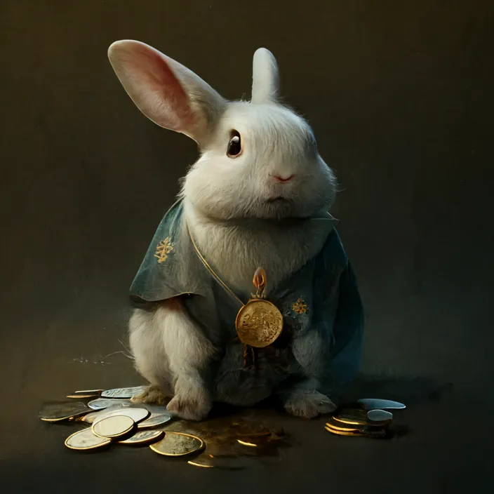 a white rabbit sitting on top of a pile of coins