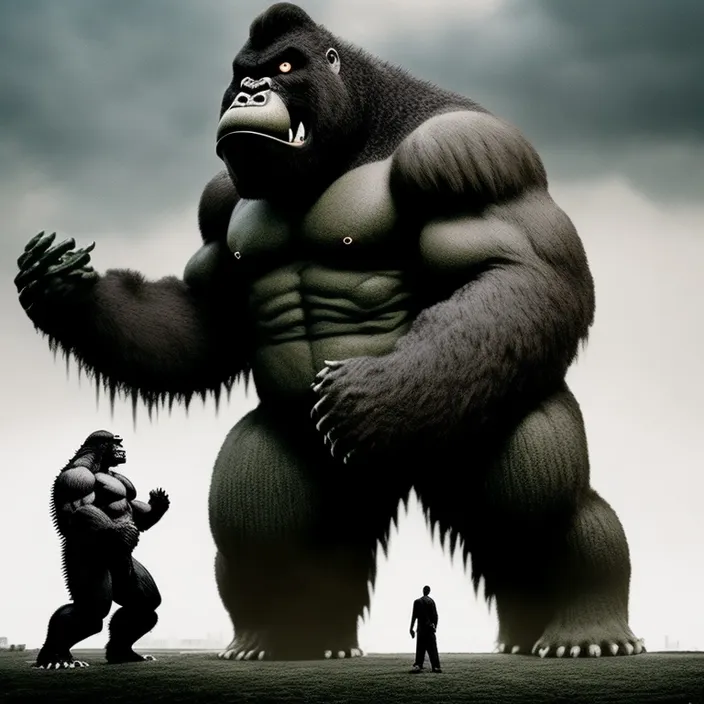 a giant gorilla standing next to a smaller gorilla