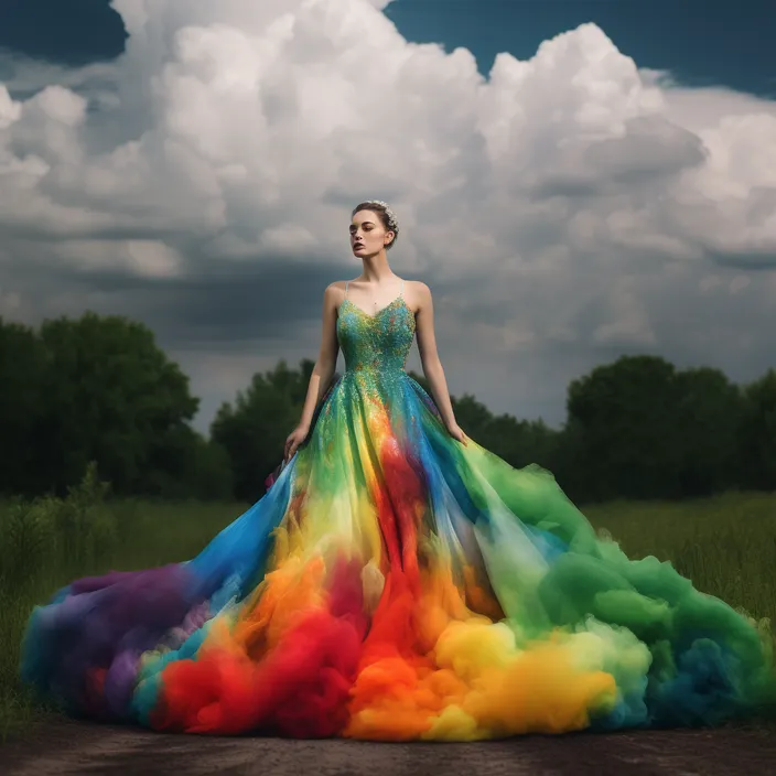 a woman in a colorful dress standing on a dirt road