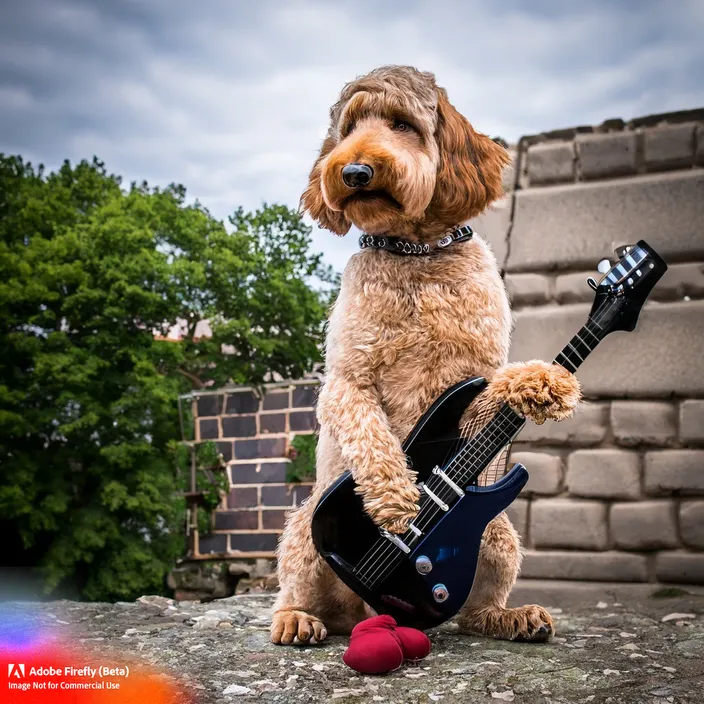 a dog is holding a guitar in its paws