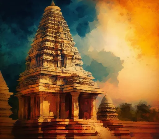 a painting of a temple with a sky background