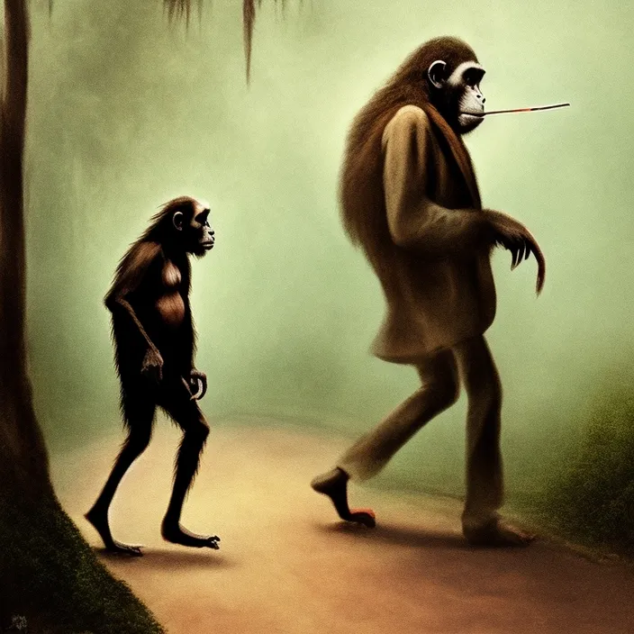 a painting of a man walking next to a monkey