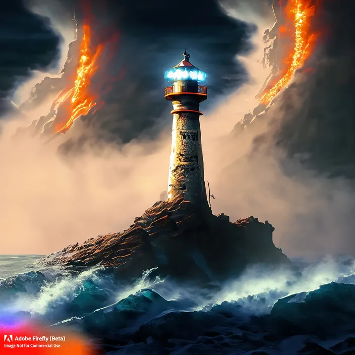 a painting of a lighthouse in the middle of the ocean