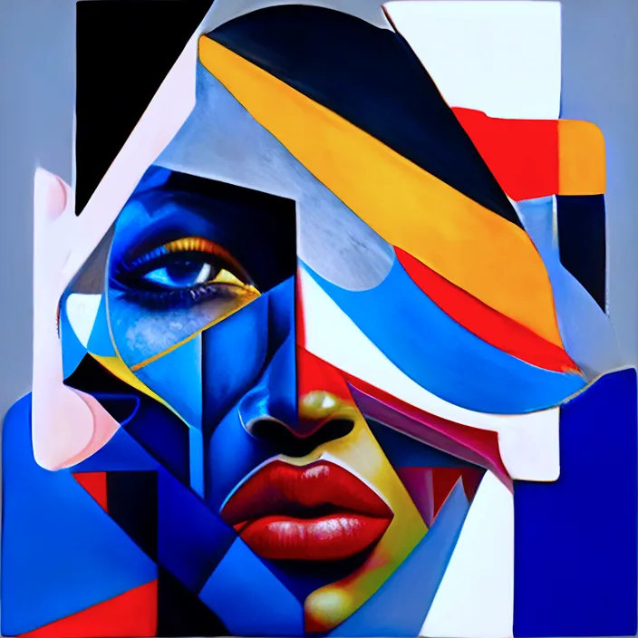 a painting of a woman's face with colorful shapes