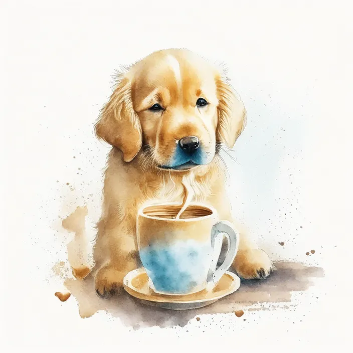 a painting of a puppy drinking out of a coffee cup