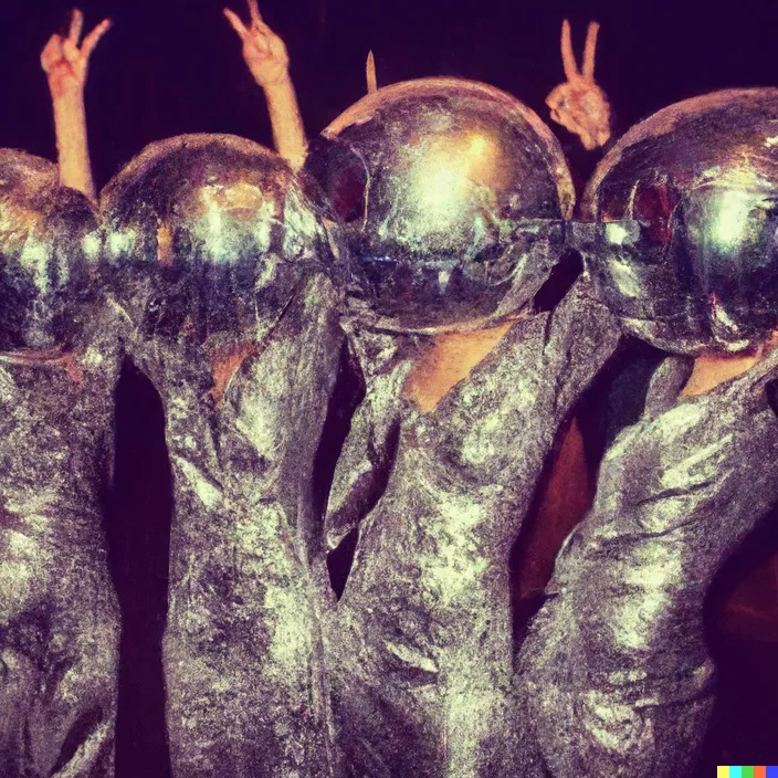 a group of women in shiny silver dresses