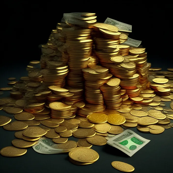 a pile of gold coins sitting on top of a pile of money