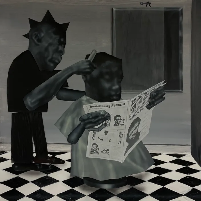 a black and white painting of a man reading a newspaper