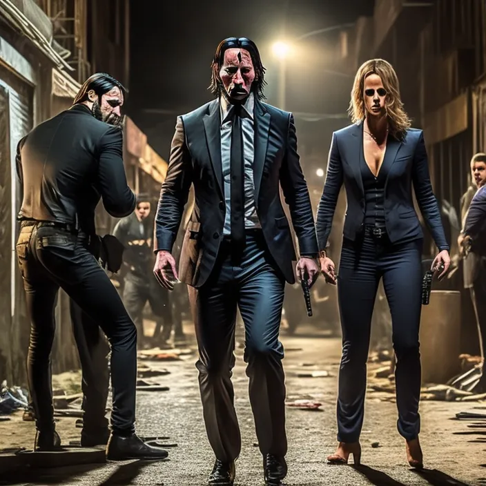 a group of people in suits walking down a street