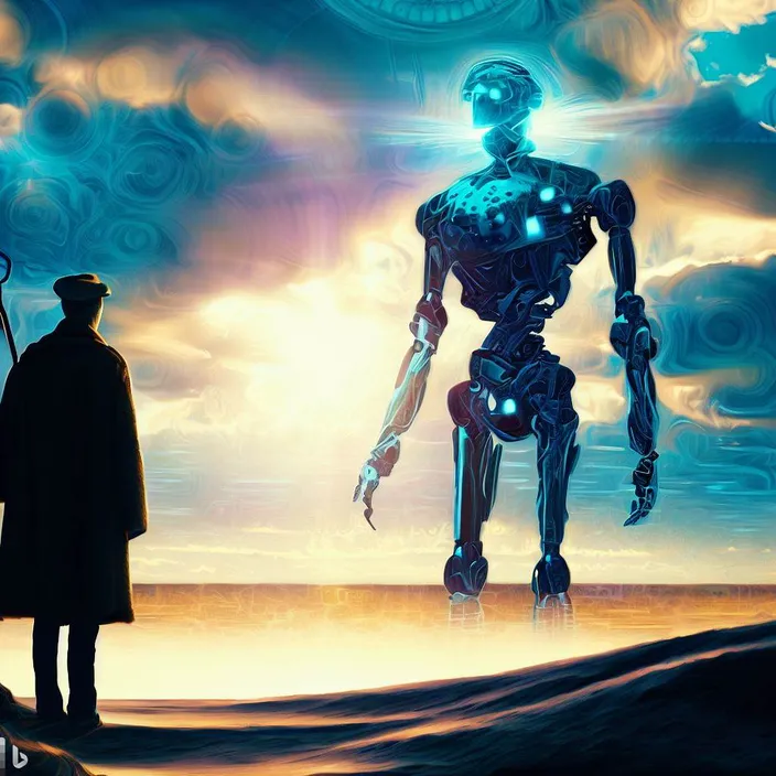 a man standing next to a robot on a beach