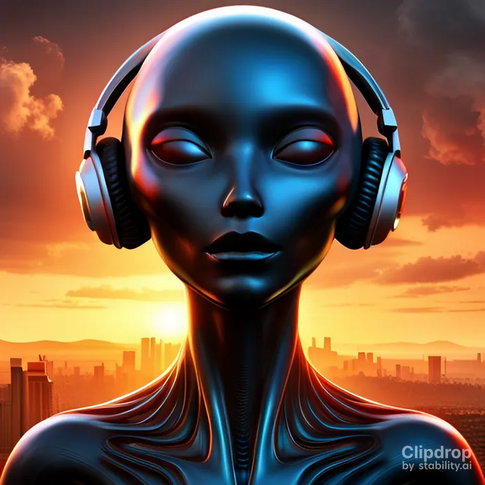 a woman with headphones and a city in the background