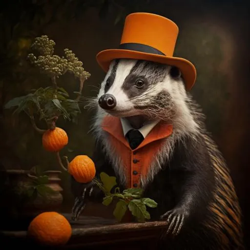 a badger wearing a top hat and an orange scarf