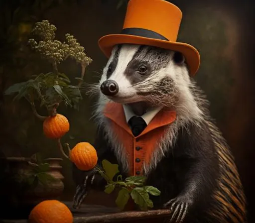 a badger wearing a top hat and orange scarf