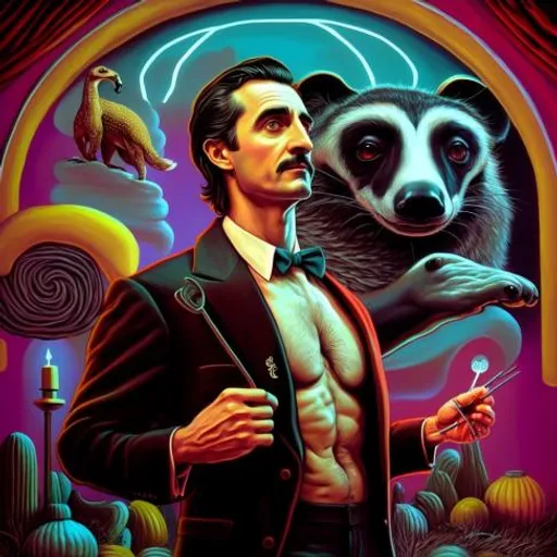 a painting of a man holding a panda bear