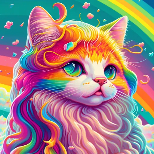 a painting of a cat with a rainbow background