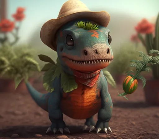 a cartoon dinosaur with a hat and a carrot